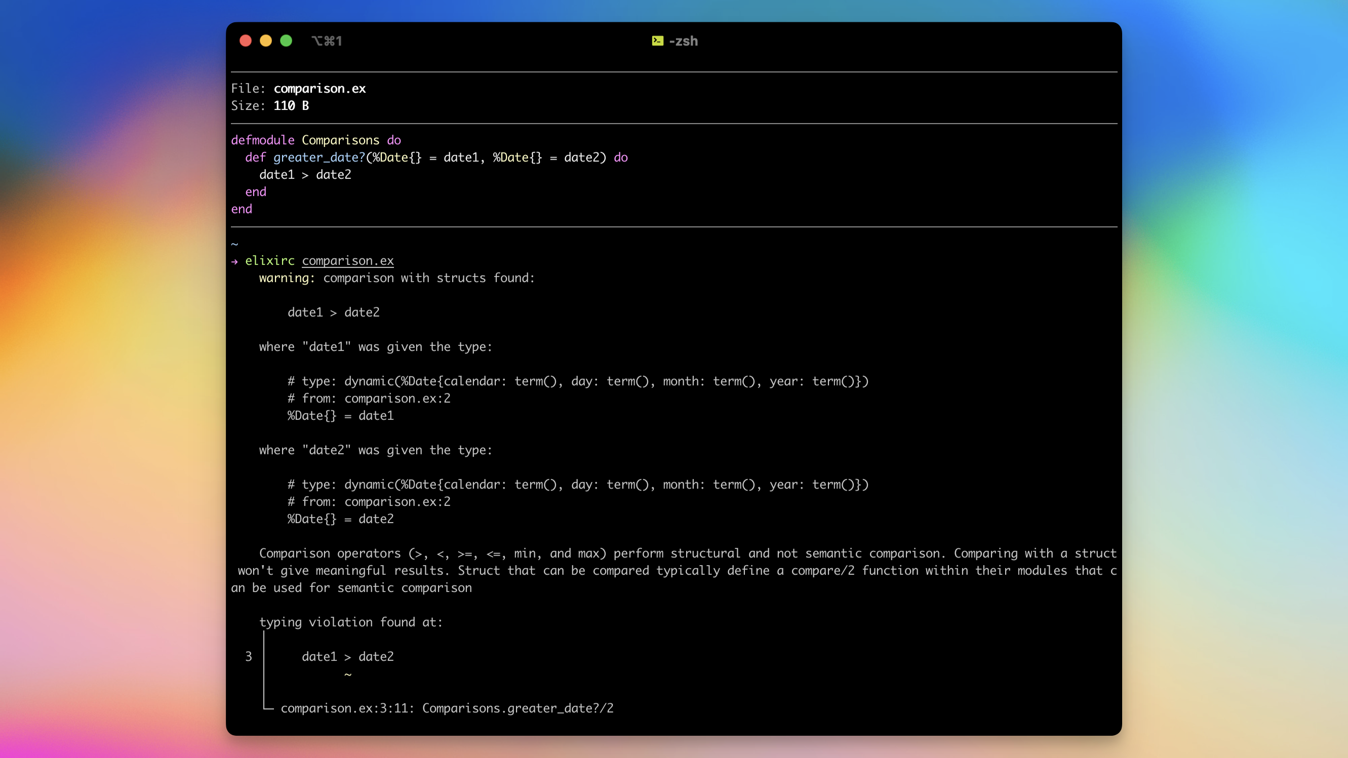 Example of a warning when comparing two structs with ">"